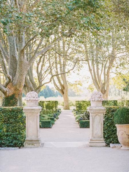 A pathway leading to a garden with trees and bushes.